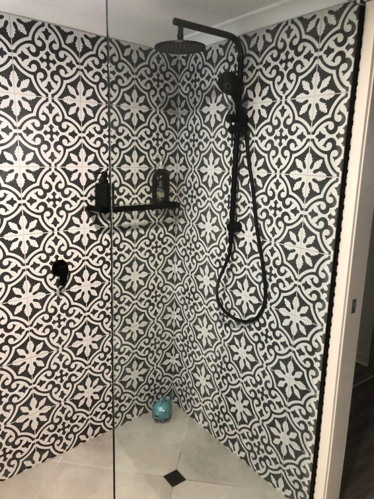 Bold Patterned Tile Shower Enclosure